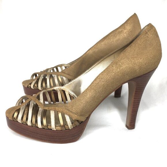 Jessica Simpson Bronze Suede & Wood Pump NWOT - Picture 1 of 8